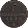 Монета. Пруссия (Германия). 1 пфенниг 1868 год. B. ав.
