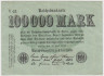 Банкнота. Германия. Веймарская республика. 100000 марок 1923 год. Водяной знак - рубящие звёзды. Серийный номер - буква, две цифры. ав.