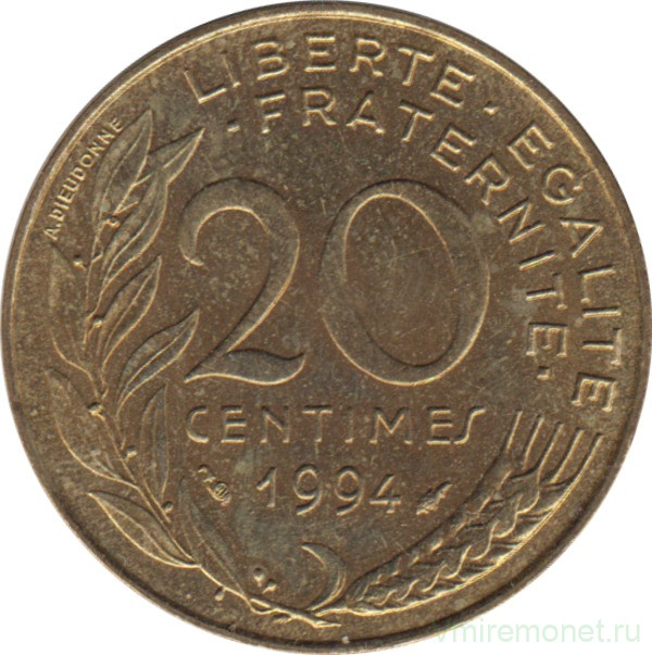 Монета. Франция. 20 сантимов 1994 год. Дельфин (знак гравёра).