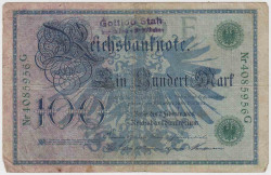 Банкнота. Германия. Германская империя (1871-1918). 100 марок 1908 год. Старый тип. Номер серии (семь цифр и одна буква) - зелёный цвет. Надпечатка.