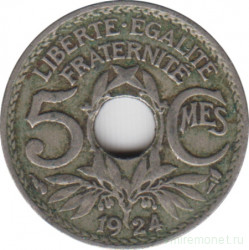 Монета. Франция. 5 сантимов 1924 год. Монетный двор - Бомон-ле-Роже. Аверс - рог изобилия.