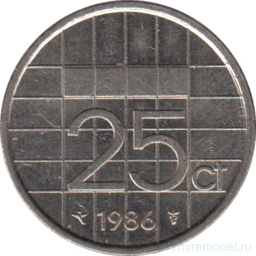 Монета. Нидерланды. 25 центов 1986 год.