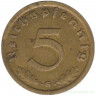 Монета. Германия. Третий Рейх. 5 рейхспфеннигов 1939 год. Монетный двор - Карлсруэ (G).
