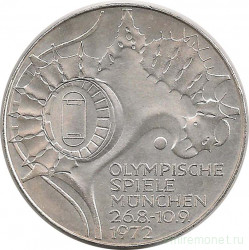 Монета. ФРГ. 10 марок 1972 год. XX летние Олимпийские Игры, Мюнхен 1972 - стадион. (D)