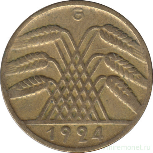 Монета. Германия. Веймарская республика. 10 рейхспфеннигов 1924 год. Монетный двор - Карлсруэ (G).
