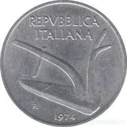 Монета. Италия. 10 лир 1974 год.