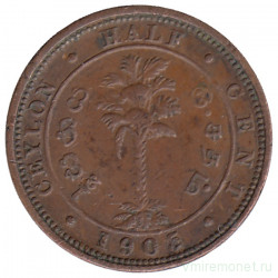 Монета. Цейлон (Шри-Ланка). 1/2 цента 1905 год.