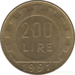Монета. Италия. 200 лир 1991 год.