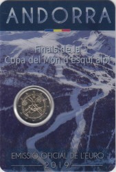 Монета. Андорра. 2 евро 2019 год. Финал кубка мира по горнолыжному спорту. Блистер, коинкарта.