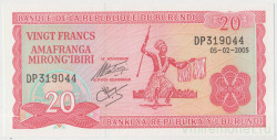 Банкнота. Бурунди. 20 франков 2005 год.