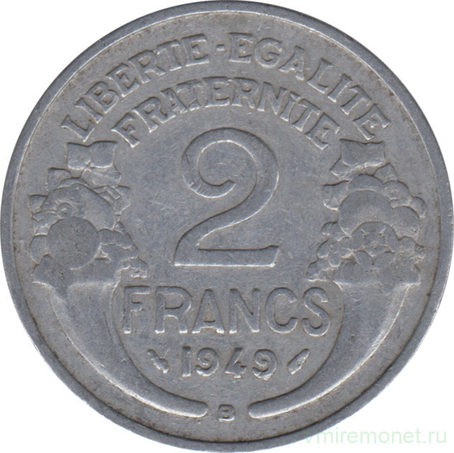 Монета. Франция. 2 франка 1949 год. Монетный двор - Бомонт (B).