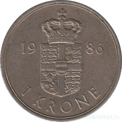 Монета. Дания. 1 крона 1986 год.