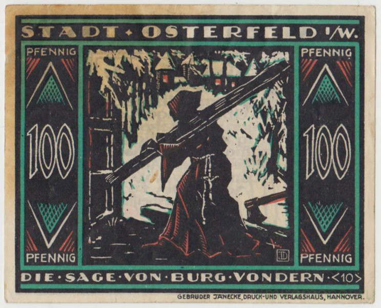 Бона. Нотгельд. Германия. Город Остерфельд. 100 пфеннигов 1921 год. Вариант 1033.2.4.