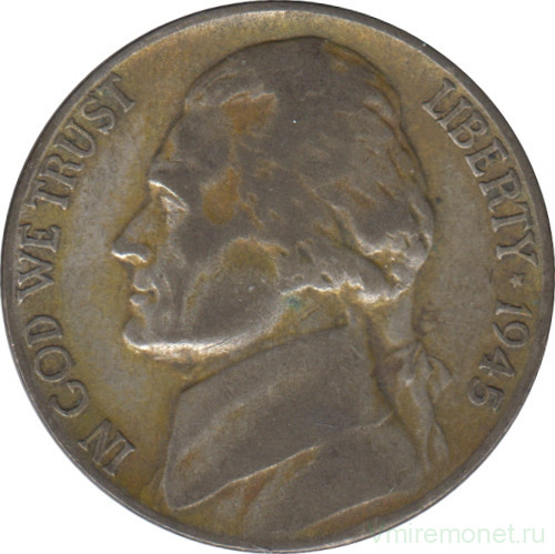 Монета. США. 5 центов 1945 год. Монетный двор S.
