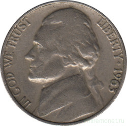 Монета. США. 5 центов 1963 год.  Монетный двор D.