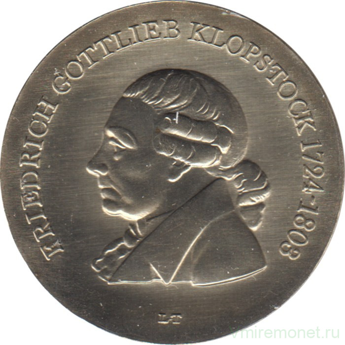 Монета. ГДР. 5 марок 1978 год. 175 лет со дня смерти Фридриха Клопштока.