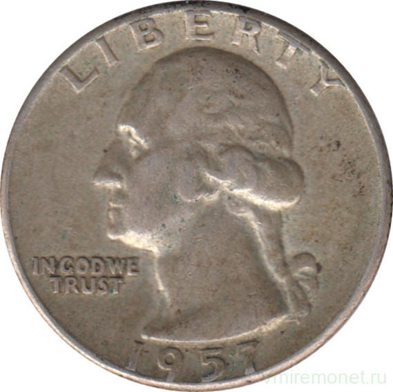 Монета. США. 25 центов 1957 год.