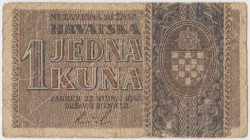 Банкнота. Хорватия. 1 куна 1942 год. Тип 7b.