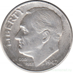 Монета. США. 10 центов 1947 год. Серебряный дайм Рузвельта. Монетный двор D.