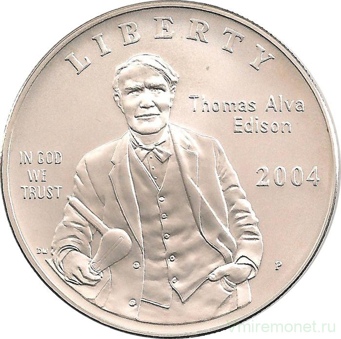 Монета. США. 1 доллар 2004 год (P). 125 лет лампочке. Томас Эдисон.