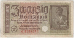Банкнота. Германия. Третий рейх. Немецкие оккупационные деньги. 20 рейхсмарок 1940 - 1945 год. Тип R139.