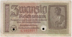 Банкнота. Германия. Третий рейх. Немецкие оккупационные деньги. 20 рейхсмарок 1940 - 1945 год. Тип R139. Банкнота. Германия. Третий рейх. Немецкие оккупационные деньги. 20 рейхсмарок 1940 - 1945 год. Тип R139.