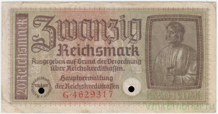 Банкнота. Германия. Третий рейх. Немецкие оккупационные деньги. 20 рейхсмарок 1940 - 1945 год. Тип R139. Банкнота. Германия. Третий рейх. Немецкие оккупационные деньги. 20 рейхсмарок 1940 - 1945 год. Тип R139.