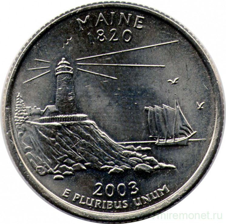 Монета. США. 25 центов 2003 год. Штат № 23 Мэн. Монетный двор D.