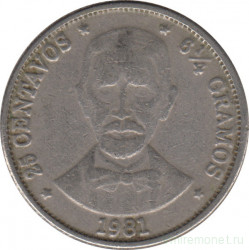 Монета. Доминиканская республика. 25 сентаво 1981 год.