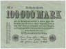 Банкнота. Германия. Веймарская республика. 100000 марок 1923 год. Водяной знак - рубящие звёзды. Серийный номер - две буквы, цифра. ав.
