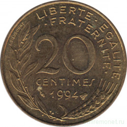 Монета. Франция. 20 сантимов 1994 год. Пчела (знак гравёра).