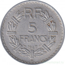 Монета. Франция. 5 франков 1947 год. Монетный двор - Бомон-ле-Роже(B). Аверс - открытая 9.