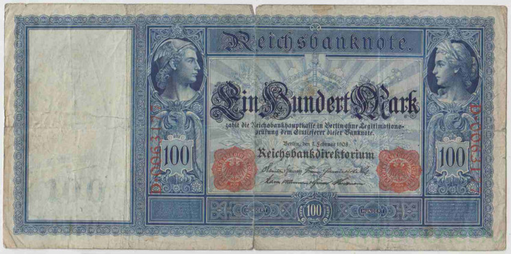 Банкнота. Германия. Германская империя (1871-1918). 100 марок 1908 год. Новый тип.
