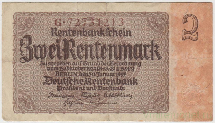 Банкнота. Германия. Веймарская республика. 2 рентенмарки 1937 год. Серийный номер - буква, 8 цифр (коричневые).