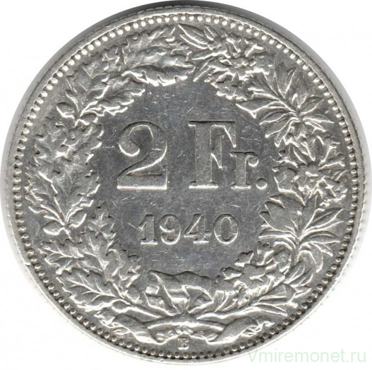 Монета. Швейцария. 2 франка 1940 год.