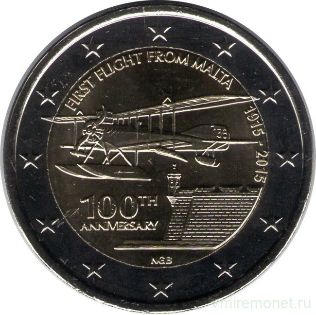 Монета. Мальта. 2 евро 2015 год. Первому полёту с Мальты 100 лет.