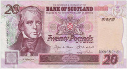Банкнота. Великобритания. Шотландия. 20 фунтов 2001 год. "Bank of Scotland". Сэр Вальтер Скотт. 300 лет Шотландии (1695 - 1995). Тип 121d.