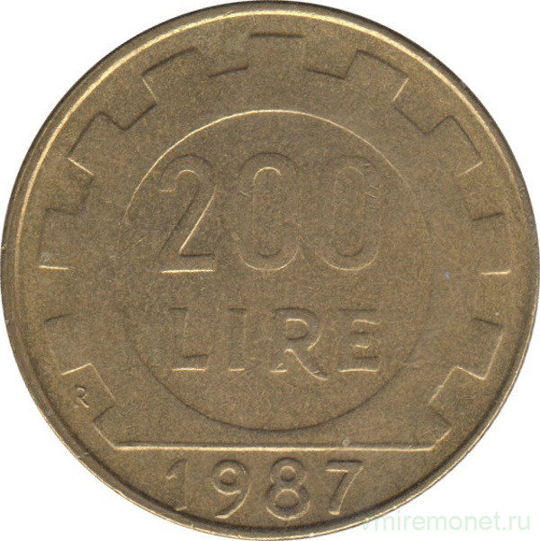 Монета. Италия. 200 лир 1987 год.