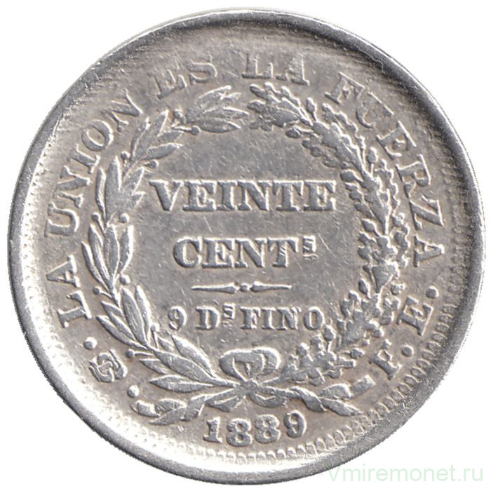 Монета. Боливия. 20 сентаво 1889 год.