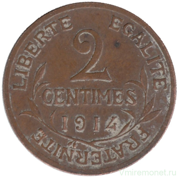 Монета. Франция. 2 сантима 1914 год.