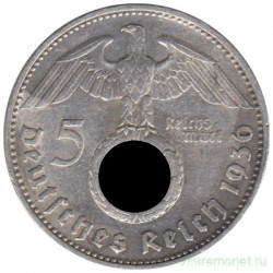 Монета. Германия. Третий Рейх. 5 рейхсмарок 1936 год. Монетный двор - Мюнхен (D). Новый тип.