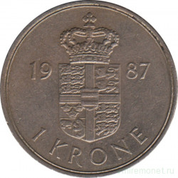 Монета. Дания. 1 крона 1987 год.