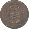 Монета. Дания. 1 крона 1987 год. ав.