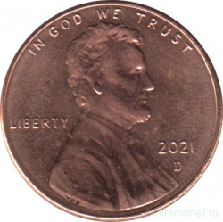 Монета. США. 1 цент 2021 год. Монетный двор D.