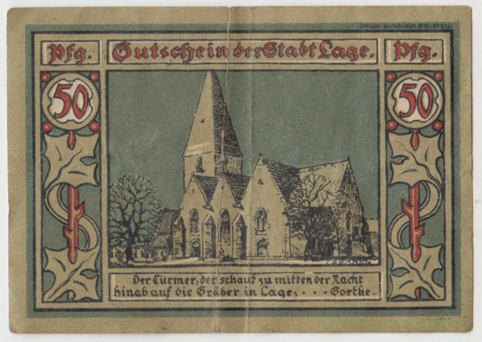 Бона. Нотгельд. Германия. Город Лаге. 50 пфеннигов 1921 год. Вариант 757.2.2.