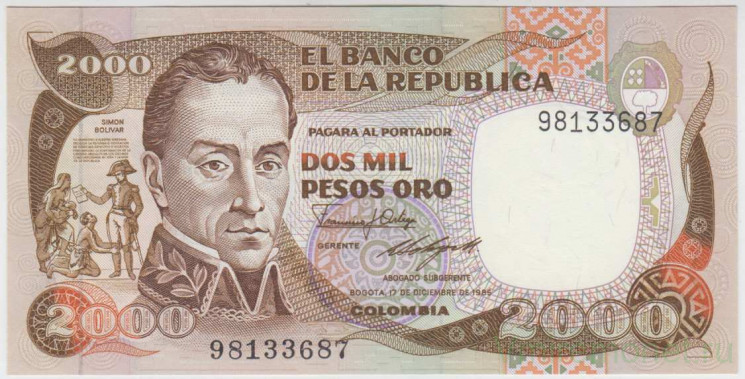 Банкнота. Колумбия. 2000 песо 1985 год. Тип 430c.