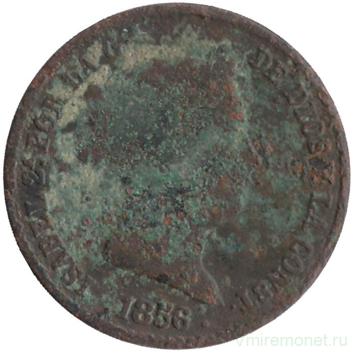 Монета. Испания. 10 сентимо 1856 год. 