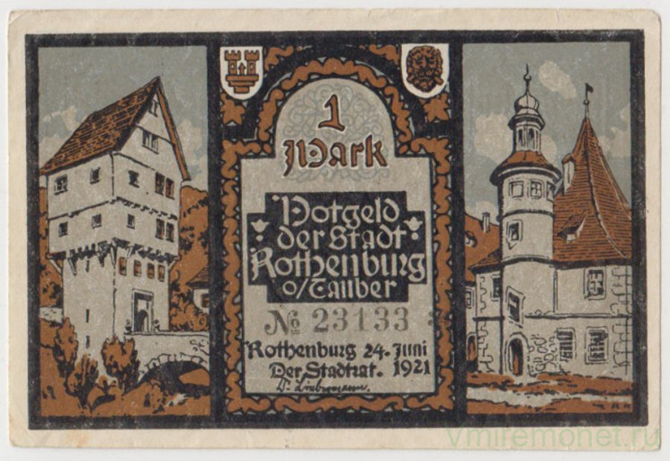 Бона. Нотгельд. Германия. Город Ротенбург об дер Таубер. 1 марка 1921 год. Вариант 1142.5.3.