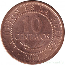 Монета. Боливия. 10 сентаво 2001 год.
