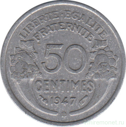 Монета. Франция. 50 сантимов 1947 год. Монетный двор - Бомон-ле-Роже. (B).